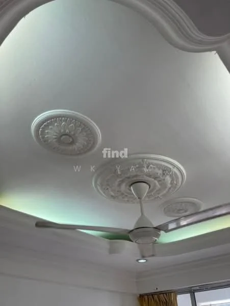 Room features: tray ceiling, decorative ceiling rose, 5-blade ceiling fan with light, recessed LED downlights.