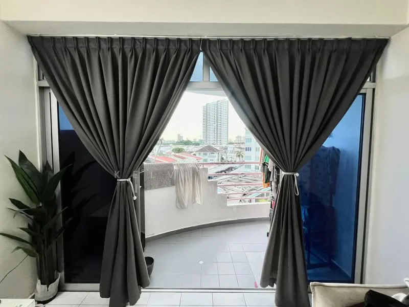 Room features: grey curtains, floor-to-ceiling windows, tiled flooring, balcony view, indoor plant, clothes drying rack, blue glass panels; style: modern; view: city.