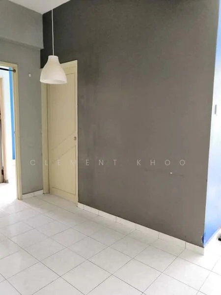 Room features: grey painted walls, white tiled flooring, single pendant light, door leading to another room, corner wall, neutral color scheme.
