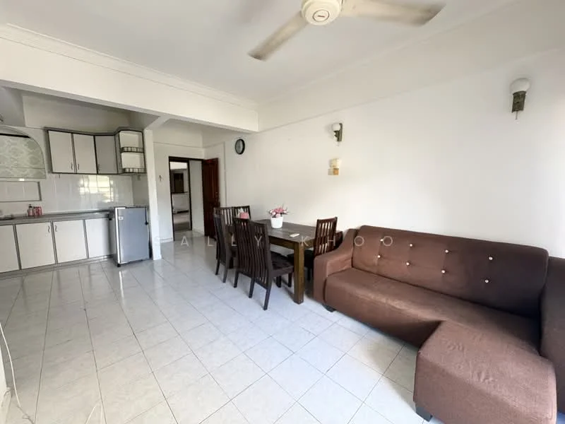 Dining features: brown fabric sofa, 4-seater dining table, white tiled flooring, ceiling fan, refrigerator, white cabinetry, kitchen counter, wall-mounted light fixtures; style: modern.