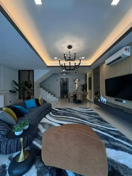 Living features: sofa in striped fabric, coffee table with gold base, area rug with abstract pattern, chandelier with multiple arms, recessed LED downlights, wall-mounted TV, built-in cabinetry, floor-to-ceiling windows, ceiling with tray design, decorative plants, dining area visible in background, wooden staircase, light-colored walls; style: modern.