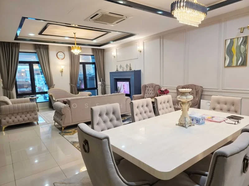 Living features: cream painted walls, tray ceiling with recessed lighting, chandelier, 5-blade ceiling fan with light, large windows with sheer curtains, two beige armchairs, grey fabric sofa with tufted design, coffee table with decorative centerpiece, area rug with geometric pattern, TV console with wall-mounted TV, decorative wall art, wall-mounted decorative mirror; style: modern. Dining features: white dining table, upholstered dining chairs, decorative vase on table, table with place settings, wall-mounted artwork; style: modern.