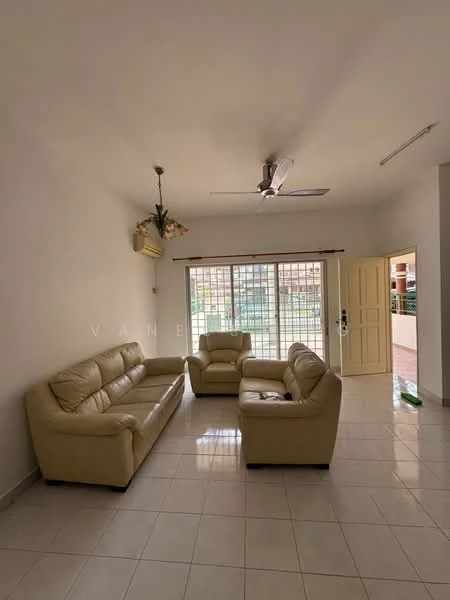 Living features: cream leather sofa set, 3-seater sofa, 2-seater sofa, ceiling fan, white painted walls, glossy tile flooring, large window with grid design, natural light, decorative plant hanging from ceiling, door leading outside; style: modern.