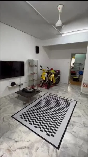 Living features: marble flooring, white painted walls, ceiling fan, wall-mounted TV, glass display cabinet, checkered area rug, motorcycles parked, open doorway to another room; style: modern.
