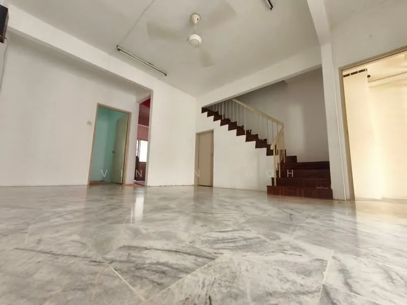 Room features: marble flooring, white painted walls, ceiling fan, staircase, doorway to adjacent room, doorway to another room, natural light from windows, high ceiling.