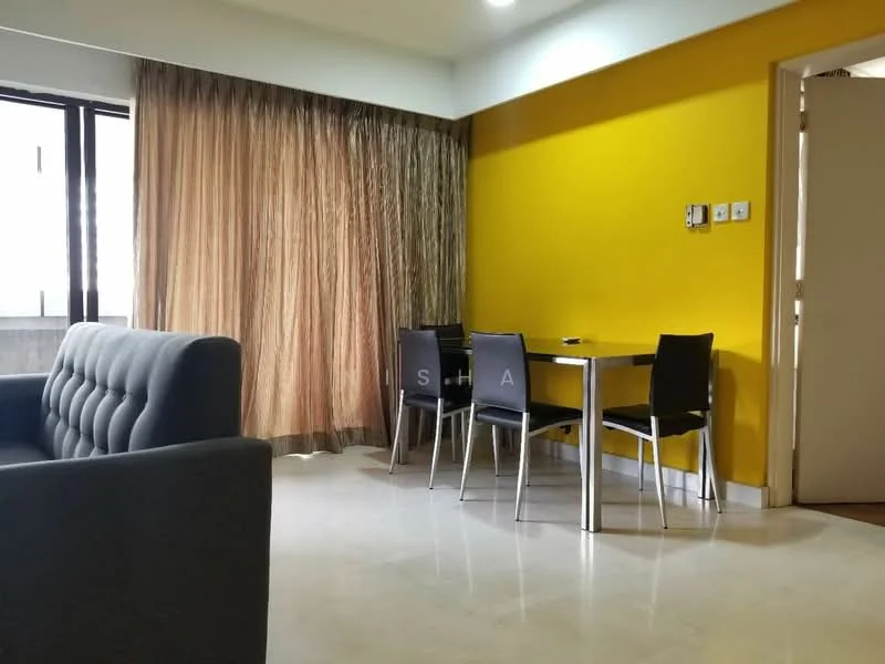 Living features: grey fabric sofa, marble flooring, yellow accent wall, floor-to-ceiling windows, sheer curtains, dining table with 4 chairs, wall-mounted light fixture, decorative wall panel; style: modern.