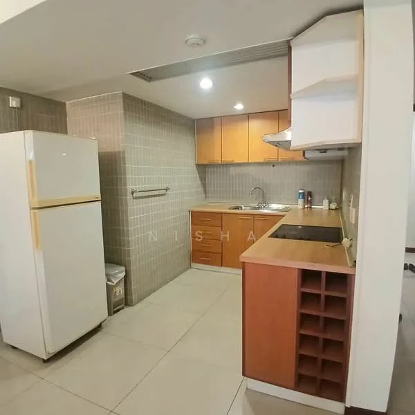 Kitchen features: white refrigerator, wood cabinetry, stainless-steel sink, chrome pull-down faucet, ceramic tile backsplash, countertop with wooden finish, built-in stove, exhaust hood, tile flooring, wall-mounted cabinet, kitchen island with wine rack, light fixture, wall-mounted towel rack, grey tiled walls; style: modern.