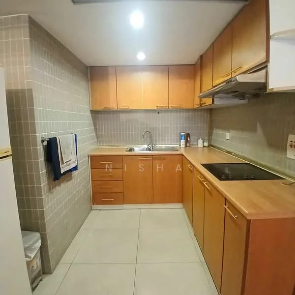 Kitchen features: brown wooden cabinetry, stainless-steel sink, chrome pull-down faucet, black countertop, built-in electric cooktop, grey tiled backsplash, light grey floor tiles, recessed ceiling lights, kitchen exhaust hood, kitchen drawers, kitchen cabinets, wall-mounted towel rack; style: modern.