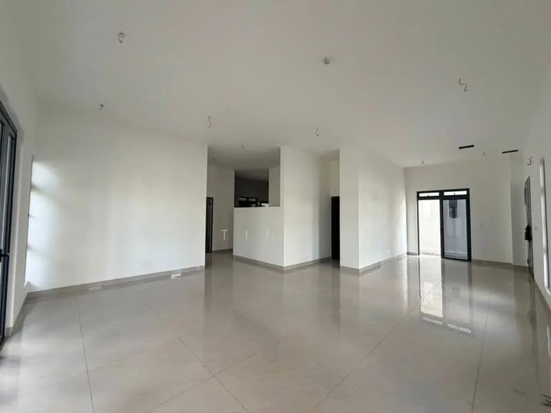 Room features: white painted walls, polished ceramic tile flooring, large windows, double sliding glass door, high ceiling, recessed downlights, open layout, neutral color palette; style: modern.