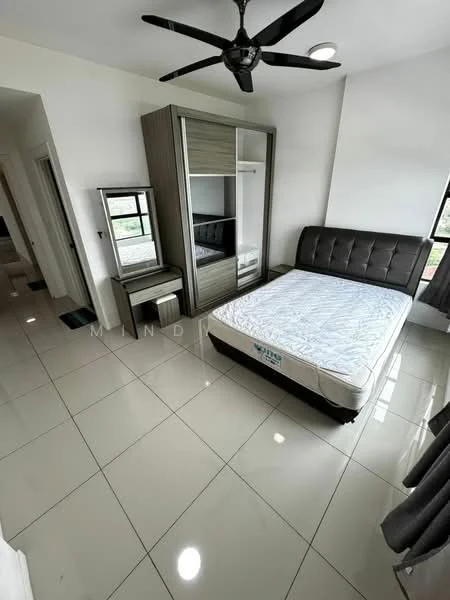 Bedroom features: queen-size bed, upholstered headboard, built-in wardrobe with sliding doors, mirror on dresser, white walls, tile flooring, 5-blade ceiling fan, recessed ceiling light, large window with view, curtains, nightstand; style: modern.
