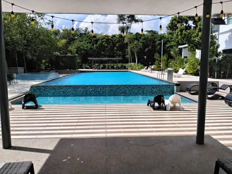 Exterior type: swimming pool deck; features: infinity pool, pool deck with loungers, tropical landscaping, manicured lawn, surrounded by greenery, paved walkway, outdoor seating area, shade from overhead structure; style: modern.