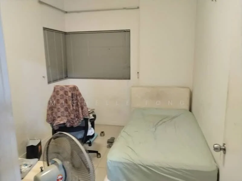 Bedroom features: single bed with mattress, desk chair, fan, window with blinds, white painted walls, tile flooring.