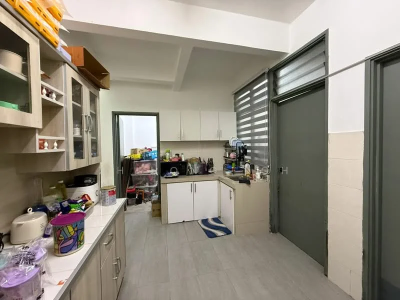 Kitchen features: light grey tiled flooring, white cabinetry with flat-panel doors, countertop with integrated sink, stainless-steel sink, chrome faucet, kitchen appliances including kettle and blender, open shelving, window with horizontal slats, recessed ceiling lights, wall-mounted cabinets, decorative rug, grey walls; style: modern.