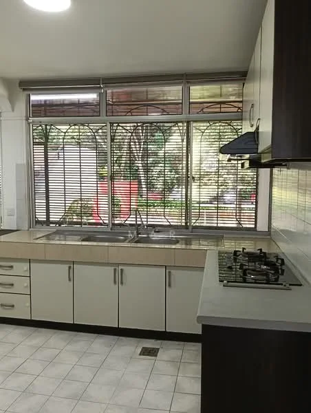 Kitchen features: double-bowl stainless-steel sink, chrome pull-down faucet, granite countertop, white cabinetry with flat-panel doors, built-in gas hob, exhaust hood, tile backsplash, white tiled flooring, window with metal grille, blinds on window, natural light from window, view of garden outside; style: modern; view: garden.