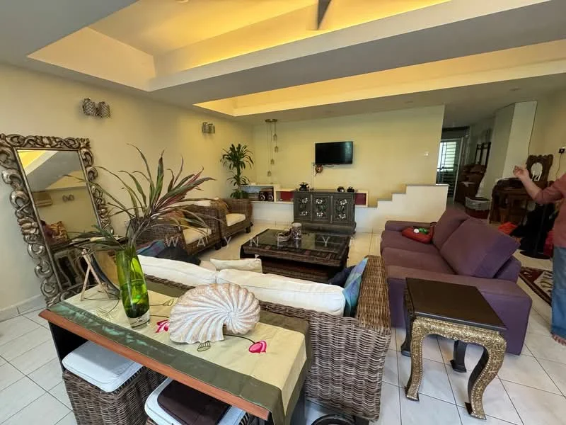 Living features: sofa in purple fabric, 3-seater white sofa, coffee table with glass top, decorative mirror, wall-mounted TV, recessed ceiling lights, white painted walls, tile flooring, decorative plant, woven armchair, side table with ornate design, area rug with geometric pattern; style: modern.