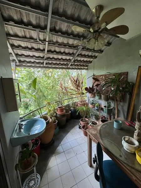 Balcony features: ceiling fan, round dining table, blue ceramic mug, various potted plants, green foliage, white painted walls, tiled flooring, metal roof, wooden table, decorative sculpture; view: garden.