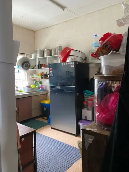 Kitchen features: black fridge, wood cabinetry, open shelving, sink, countertop, tile flooring, window with blinds, plastic storage containers, colorful bins, area rug, kitchen utensils, wall-mounted shelves.