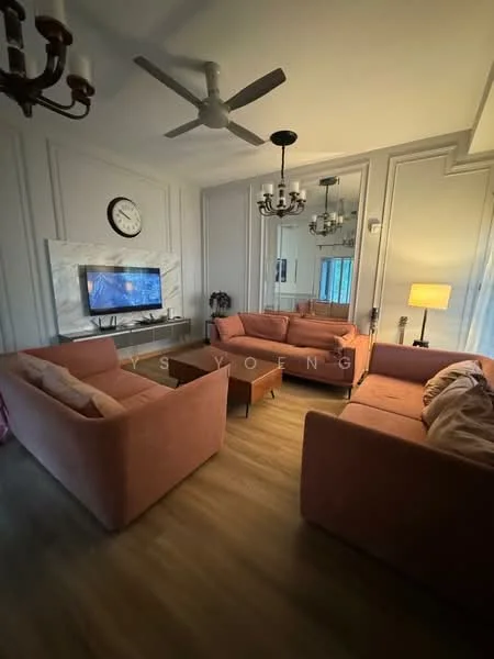 Living features: 3-seater fabric sofa in pink, 2-seater fabric sofa in pink, wooden coffee table, wall-mounted TV, chandelier with multiple bulbs, ceiling fan with light, decorative wall clock, mirrored wall, laminate flooring, floor lamp; style: modern.