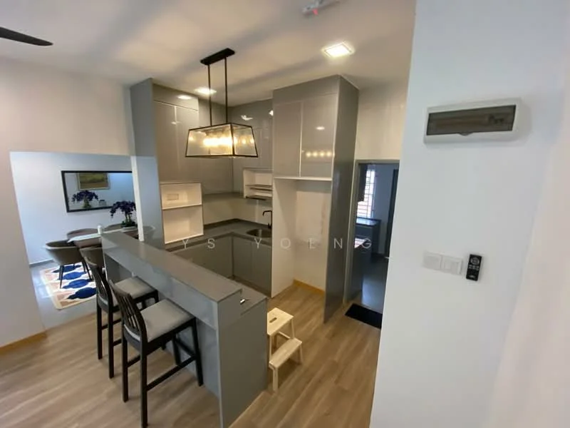 Kitchen features: grey cabinetry, white quartz countertop, stainless-steel sink, chrome pull-down faucet, built-in oven, freestanding range oven, recessed downlights, pendant light, bar seating with stools, open layout, wood-look laminate flooring, wall-mounted air conditioning unit; style: modern. Room features: white painted walls, floor-to-ceiling windows, decorative artwork.