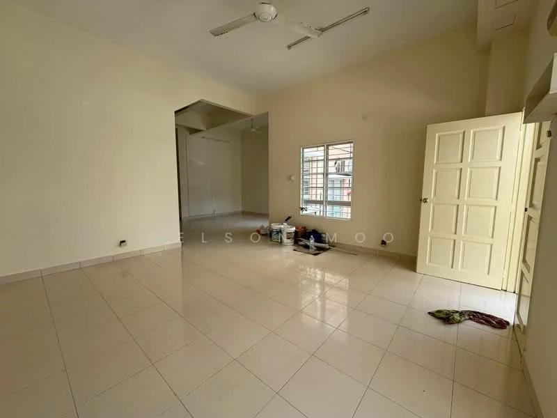 Room features: cream painted walls, white ceiling, floor-to-ceiling window, tiled flooring, ceiling fan, door with panels, open layout, natural light.