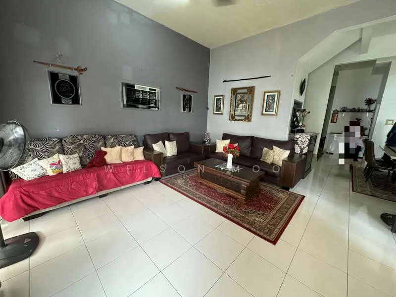 Living features: 3-seater brown leather sofa, 2-seater brown leather sofa, red throw blanket, decorative cushions, coffee table with wooden surface, area rug with intricate pattern, wall-mounted TV, framed artwork on walls, ceiling fan, white tiled flooring, grey painted walls, decorative plants in pots; style: contemporary.