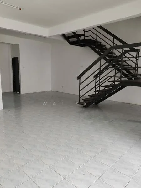Room features: spiral staircase, white walls, grey tiled flooring, open layout, high ceiling, large windows, no visible furniture, minimalist design; style: modern.