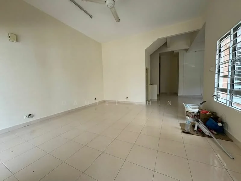Room features: cream painted walls, white tiled flooring, ceiling fan, large window with metal grille, neutral decor, open layout, no visible furniture, natural light; style: minimalist.