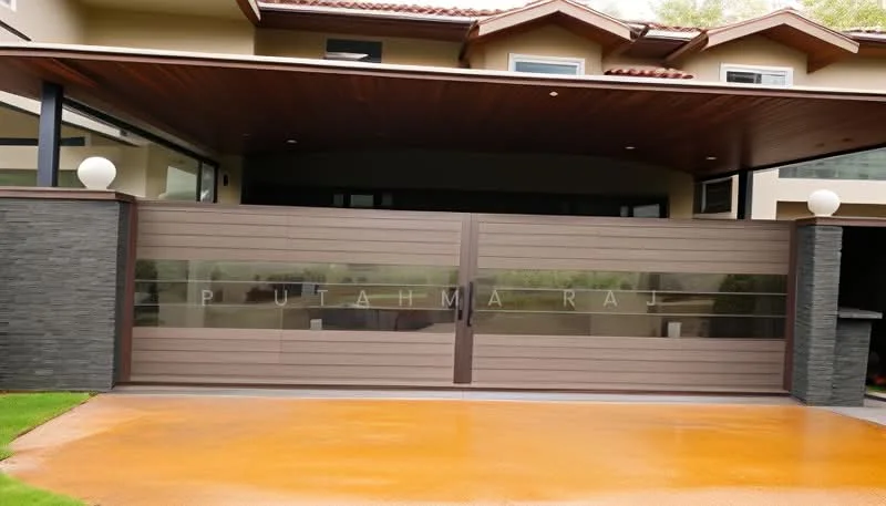 Exterior type: detached bungalow; features: modern facade with horizontal wooden slats, glass panel gate, stone cladding on lower wall, overhanging roof with wooden ceiling, landscaped lawn, driveway with orange concrete finish, spherical white light fixtures, large windows, red tiled roof; style: modern.