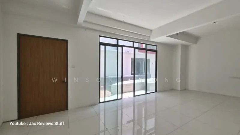 Room features: white painted walls, polished tile flooring, large floor-to-ceiling windows, natural light, open layout, high ceiling, minimalist design, neutral color scheme, door leading to outdoor area; style: modern.