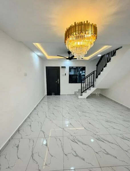 Living features: white painted walls, marble tile flooring, chandelier with gold accents, recessed ceiling lights, 5-blade ceiling fan, staircase with black railing, large window, door leading outside; style: modern.