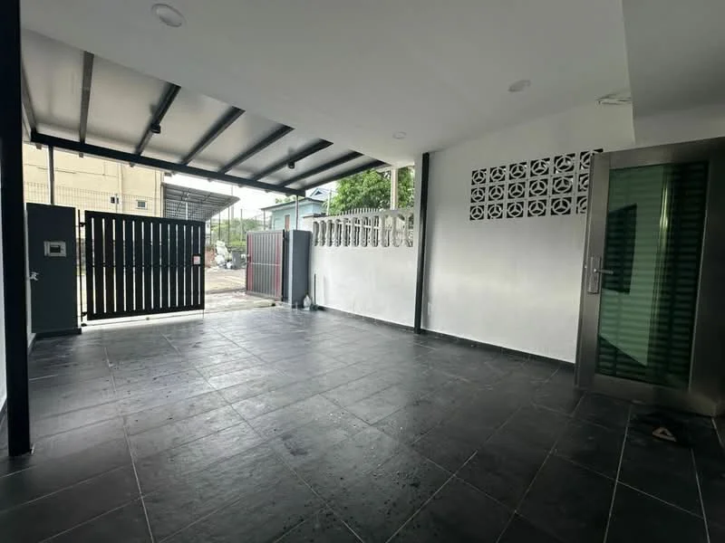 Exterior features: slate tile flooring, metal roof, glass door, security gate, white painted walls, decorative wall panel, outdoor lighting, open space, fenced perimeter; style: modern.