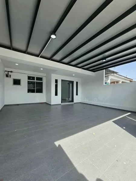 Exterior features: grey tiled flooring, flat roof with exposed beams, white painted walls, large glass door, windows with black frames, recessed ceiling lights, open layout, sunlight streaming in; style: modern.