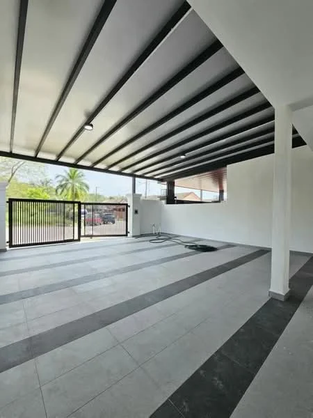 Exterior features: covered patio, grey tiled flooring, black and white striped ceiling, metal railing, open space, landscaped view, paved area, outdoor lighting; style: modern.