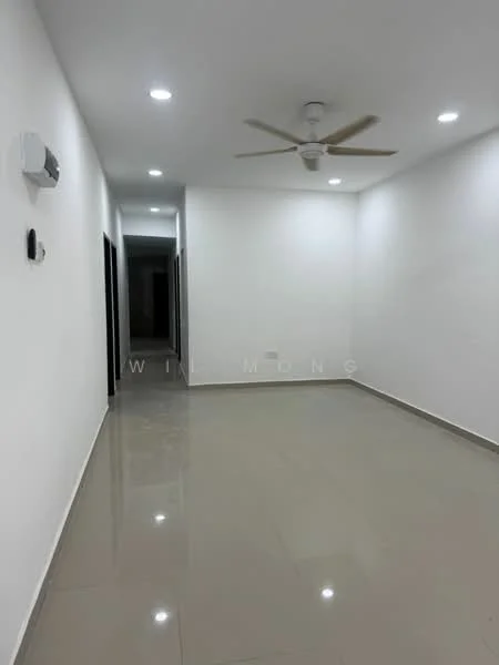Room features: white painted walls, polished ceramic tile flooring, 5-blade ceiling fan, 1 wall-mounted split AC, recessed downlights, doorway leading to another room, neutral color scheme; style: modern.