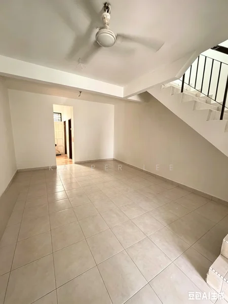 Room features: white painted walls, tile flooring, ceiling fan, staircase, natural light from windows, open layout, no visible furniture, neutral color scheme; style: modern.