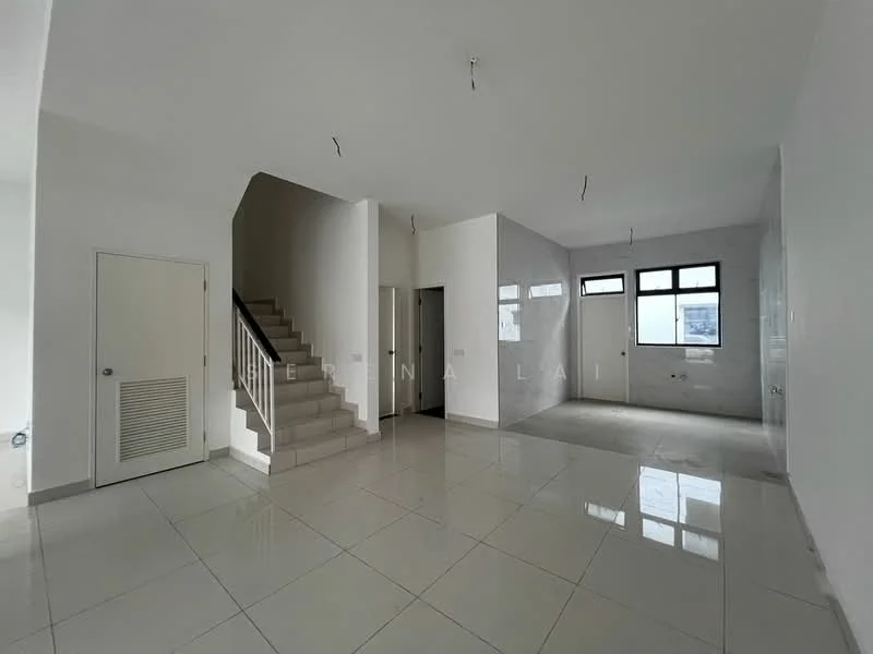 Living features: white painted walls, glossy white tile flooring, large windows, staircase leading to upper floor, doorway to adjacent room, ceiling lights, open layout, neutral color scheme; style: modern.