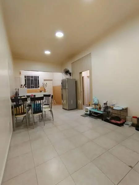 Room features: light beige painted walls, white ceiling, recessed downlights, tile flooring, dining table with four chairs, stainless-steel fridge, kitchen cabinetry, open layout, window with blinds, pet crate, small decorative items on the floor; style: modern.
