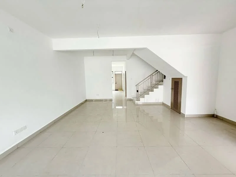 Room features: white painted walls, polished ceramic tile flooring, staircase with metal railing, recessed ceiling, large open space, natural light from windows, doorway leading to another room, built-in storage cabinet; style: modern.