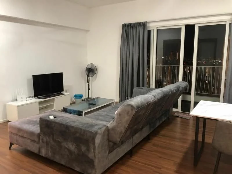 Living features: 3-seater fabric sofa in grey, glass coffee table, TV console, wall-mounted TV, floor-to-ceiling windows, grey curtains, wooden flooring, ceiling fan; style: modern; view: city.