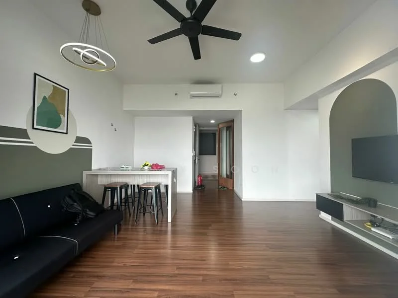 Living features: black fabric sofa, wooden flooring, ceiling fan with light, wall-mounted TV, white TV console, dining table with stools, green accent wall, recessed lighting, open layout, large window, decorative wall art; style: modern.