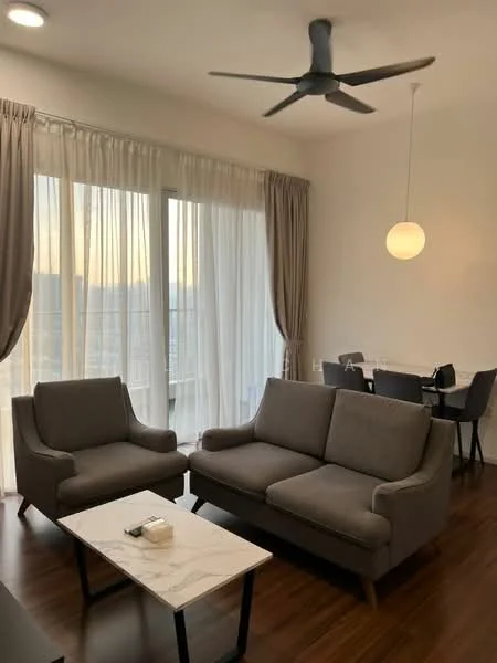 Living features: 2-seater fabric sofa in grey, 2 armchairs in grey, marble-top coffee table, 5-blade ceiling fan, floor-to-ceiling windows, sheer curtains, wooden flooring, pendant light, dining table with chairs visible in background; style: modern; view: city.