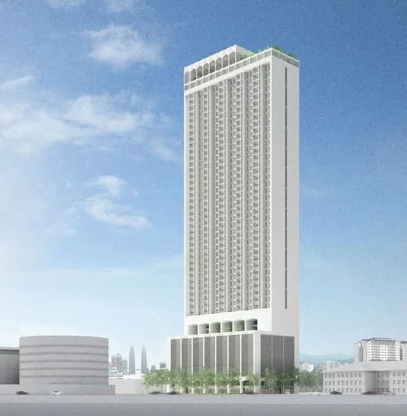 Exterior type: high-rise condominium; features: glass curtain wall, white painted facade, recessed balconies, greenery on rooftop, approximately 30-storey high-rise, surrounded by mature greenery, urban context with skyline view in background; style: modern.