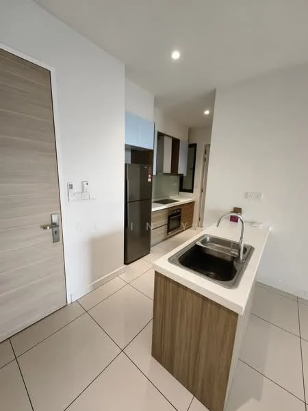 Kitchen features: single-bowl stainless-steel sink, chrome pull-down faucet, quartz countertop, wood cabinetry, built-in oven, stainless-steel fridge, ceramic tile flooring, recessed downlights, white painted walls, open layout, kitchen island; style: modern.