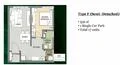 Floor plan: 2-bedroom 2-bathroom unit; features: open-plan kitchen-dining-living, master bedroom with ensuite bathroom, balcony off living room, utility room, laundry area, central foyer, 1 car porch.