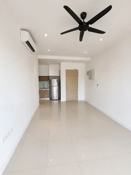 Living features: white painted walls, polished ceramic tile flooring, 5-blade ceiling fan in black, wall-mounted split AC, recessed LED downlights, kitchen area visible in background, stainless-steel fridge, wood cabinetry, neutral color palette; style: modern.