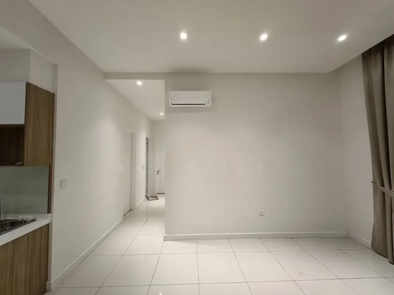 Room features: white painted walls, glossy white tile flooring, recessed downlights, wall-mounted split AC, curtains, open layout, neutral color scheme, doorway leading to another room; style: modern.