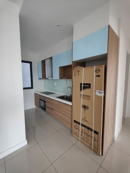 Kitchen features: white cabinetry with wood accents, blue upper cabinets, stainless-steel sink, chrome pull-down faucet, glass backsplash, built-in oven, freestanding range oven, countertop with integrated cooktop, tile flooring, recessed downlights, floor-to-ceiling window, unpacked refrigerator box; style: modern.