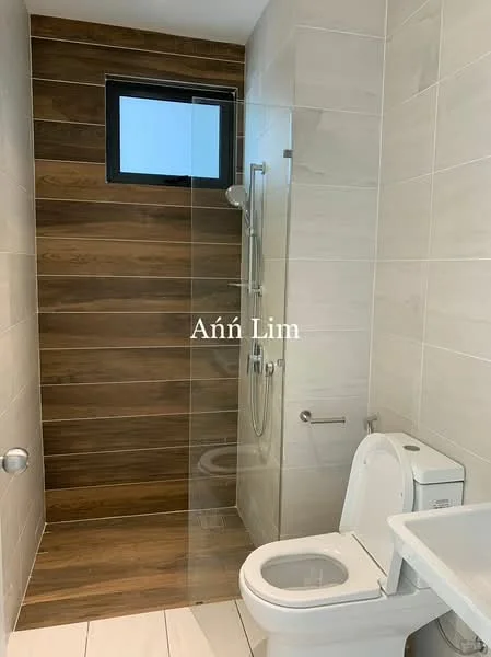 Bathroom features: walk-in shower with glass enclosure, rain shower head, handheld shower, white toilet, single-sink vanity with white cabinet, mirror above vanity, tile flooring, wood accent wall, small window for natural light; style: modern.
