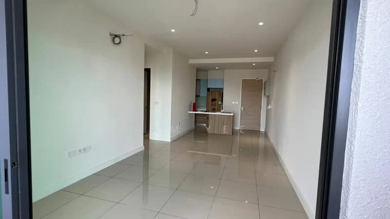 Room features: white painted walls, glossy tile flooring, recessed downlights, open layout, kitchen island, modern cabinetry, large windows, neutral color scheme; style: modern.
