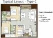 Floor plan: 3-bedroom 2-bathroom unit; features: open-plan kitchen-dining-living, master bedroom with ensuite bathroom, balcony off living room, utility room, laundry area, central foyer, 2 car porch, 1,250 sqft built-up.
